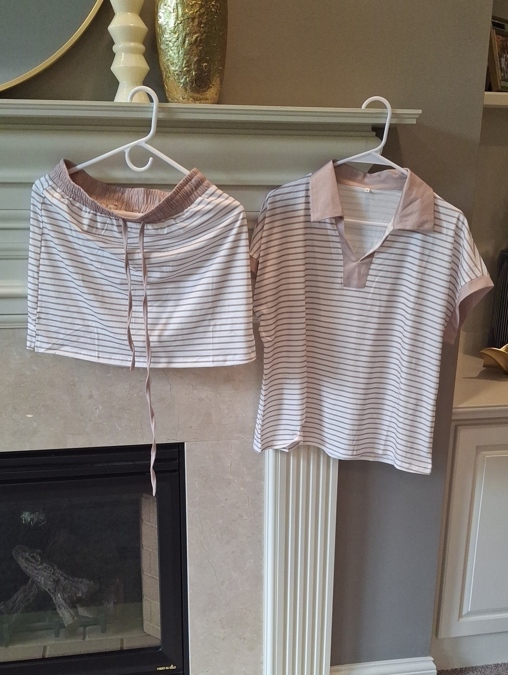 Striped Two-Piece Lounge Set in Tan and White Nwot